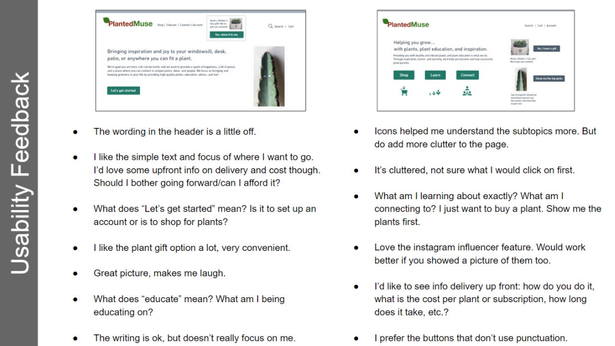 A screenshot showing specific examples of feedback from usability testing